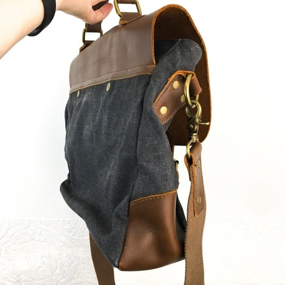 Retro leather & gray fabric laptop carry on travel work messenger bag - Picture 10 of 12